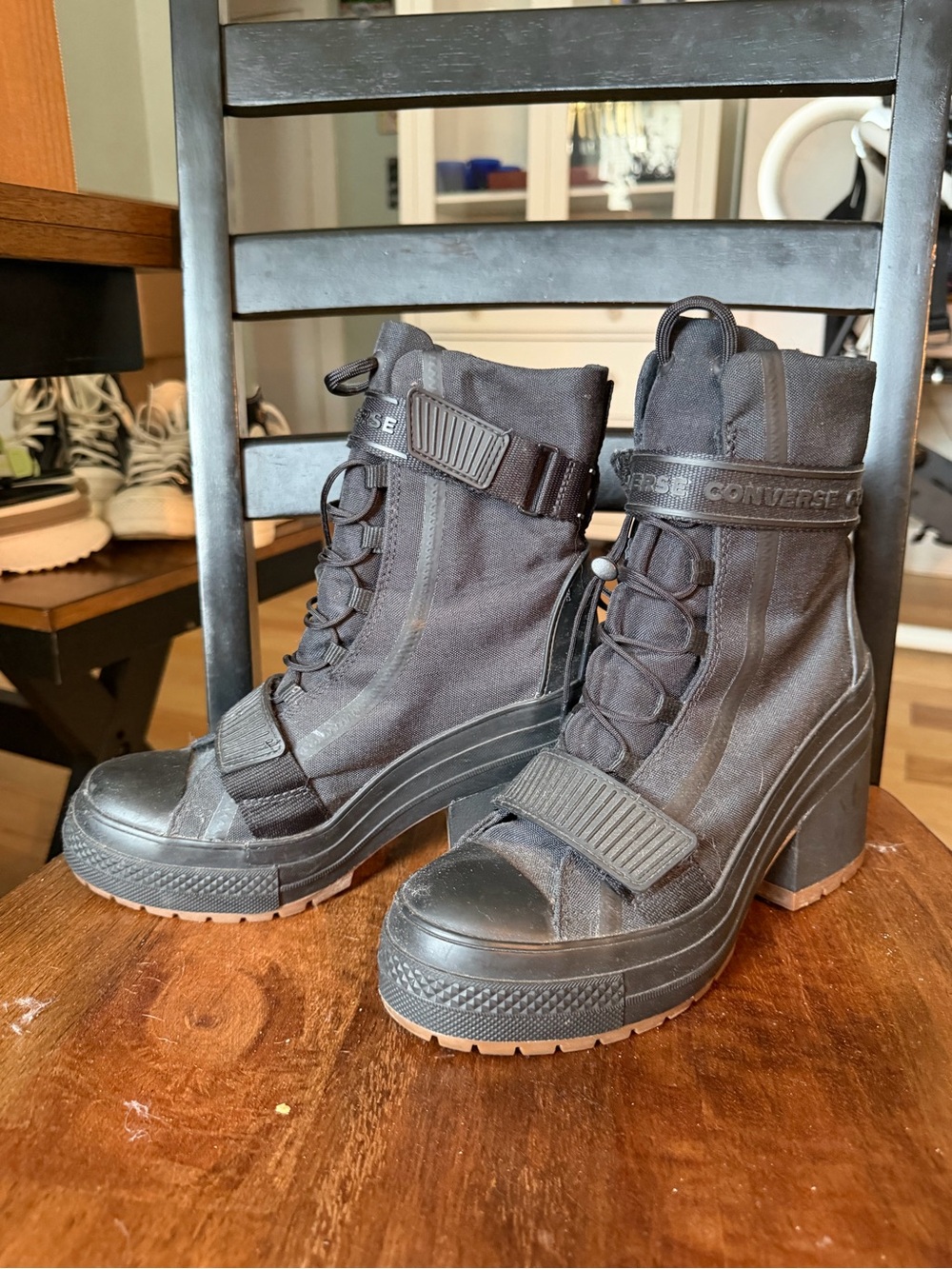 Converse Black Lace-Up Platform Combat Boots with Straps